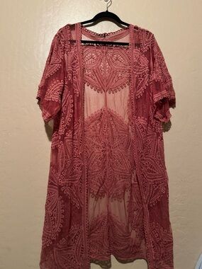 Sheer Embroidered Dusty Rose Kimono Cardigan